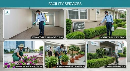 Gardener maintaining landscaped greenery outside a modern building